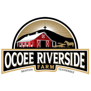 Ocoee Riverside Farm logo with red barn and horse.