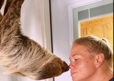 Woman and sloth touching noses playfully.
