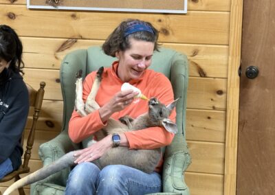 Woman bottle-feeding a baby kangaroo.